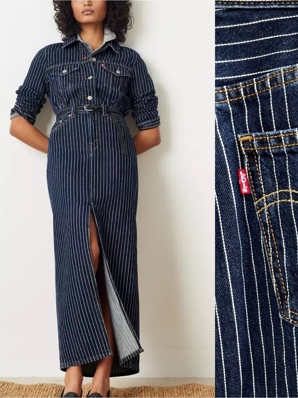 Levi's Premium Ankle Column Denim Midi Maxi Skirt Railroad Striped Size 30